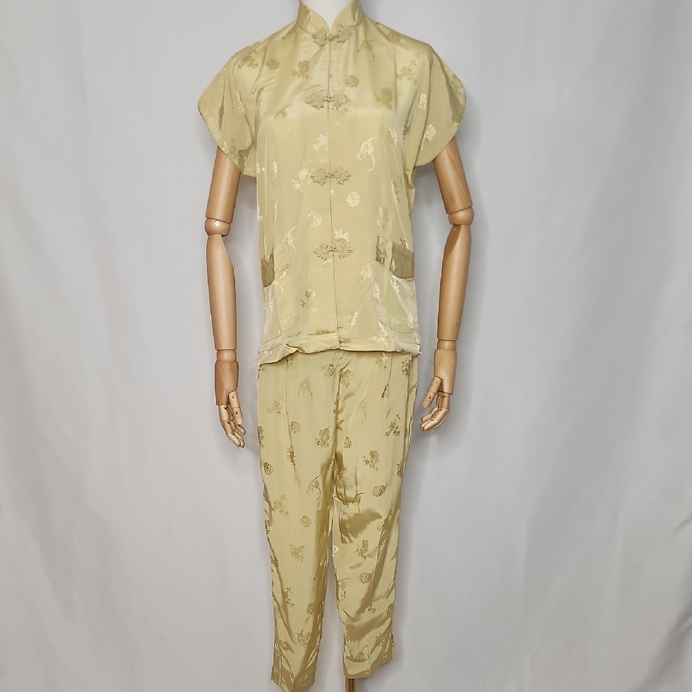 Gold Silk Brocade Elegant Women's Pajama Set